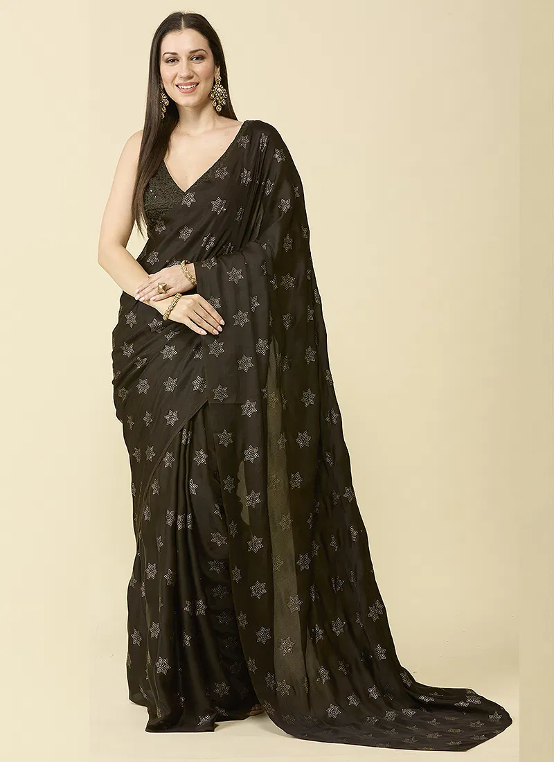 Deep Olive Green Embellished Schiffli Pure Chiffon Saree
