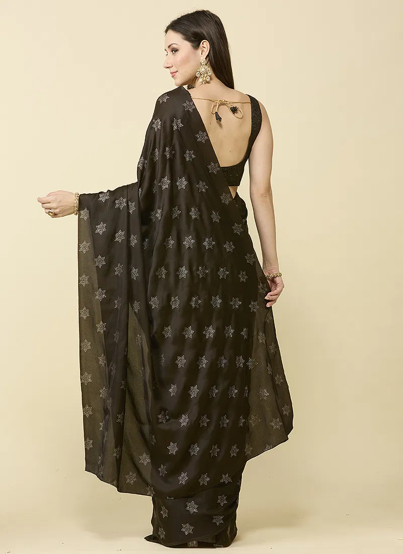 Deep Olive Green Embellished Schiffli Pure Chiffon Saree