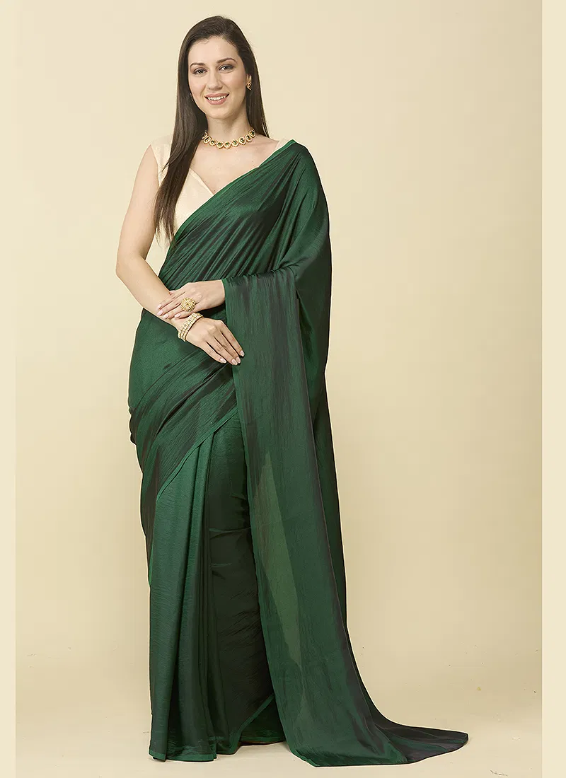 Bottle green satin silk saree and unstitched blouse piece