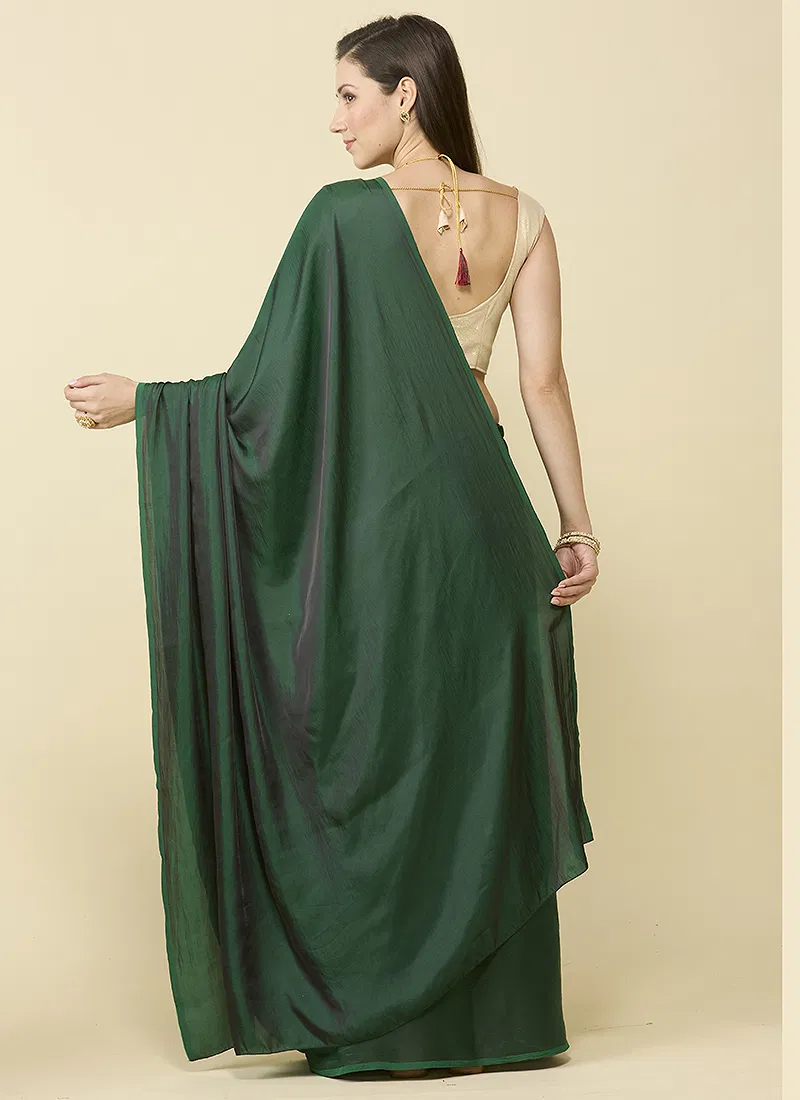 Bottle green satin silk saree and unstitched blouse piece