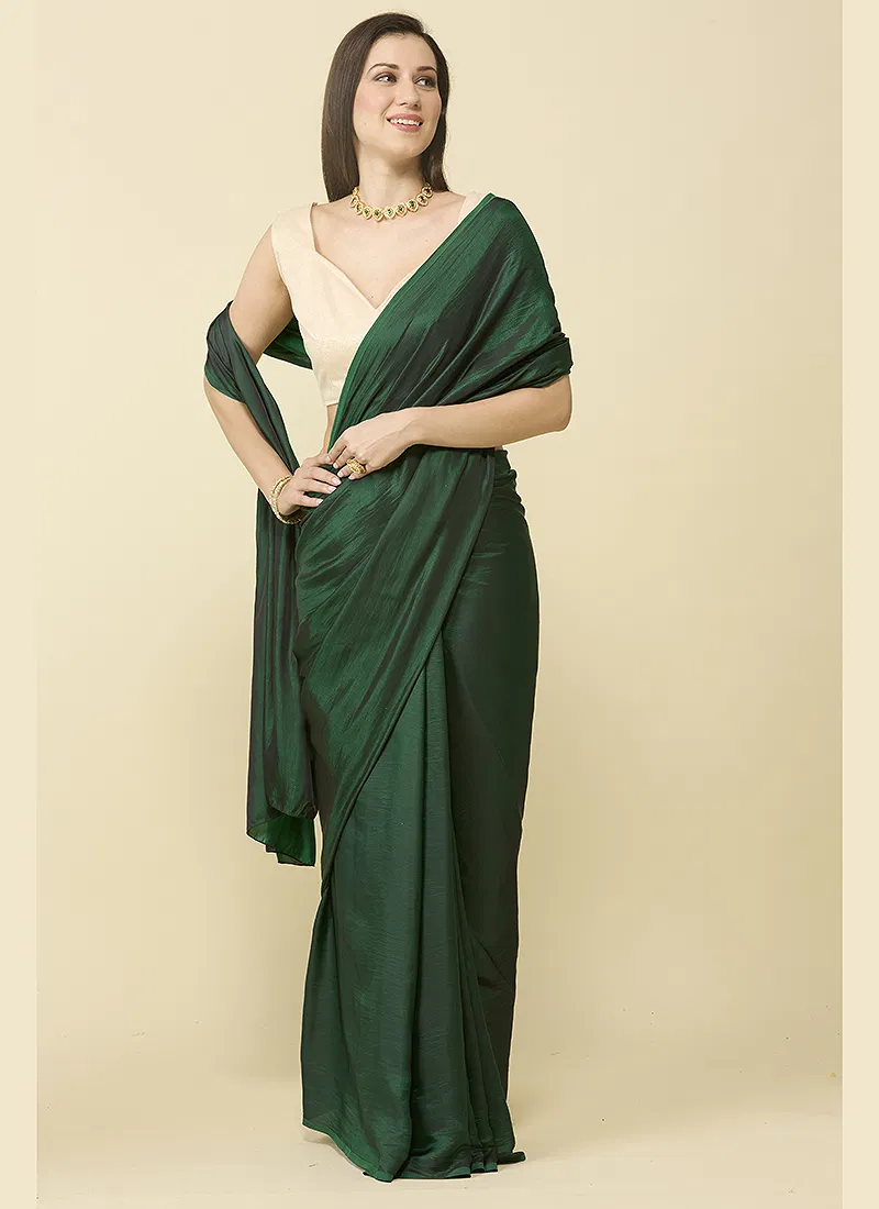 Bottle green satin silk saree and unstitched blouse piece