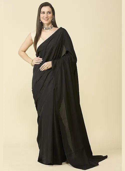 Black satin silk saree and unstitched blouse piece
