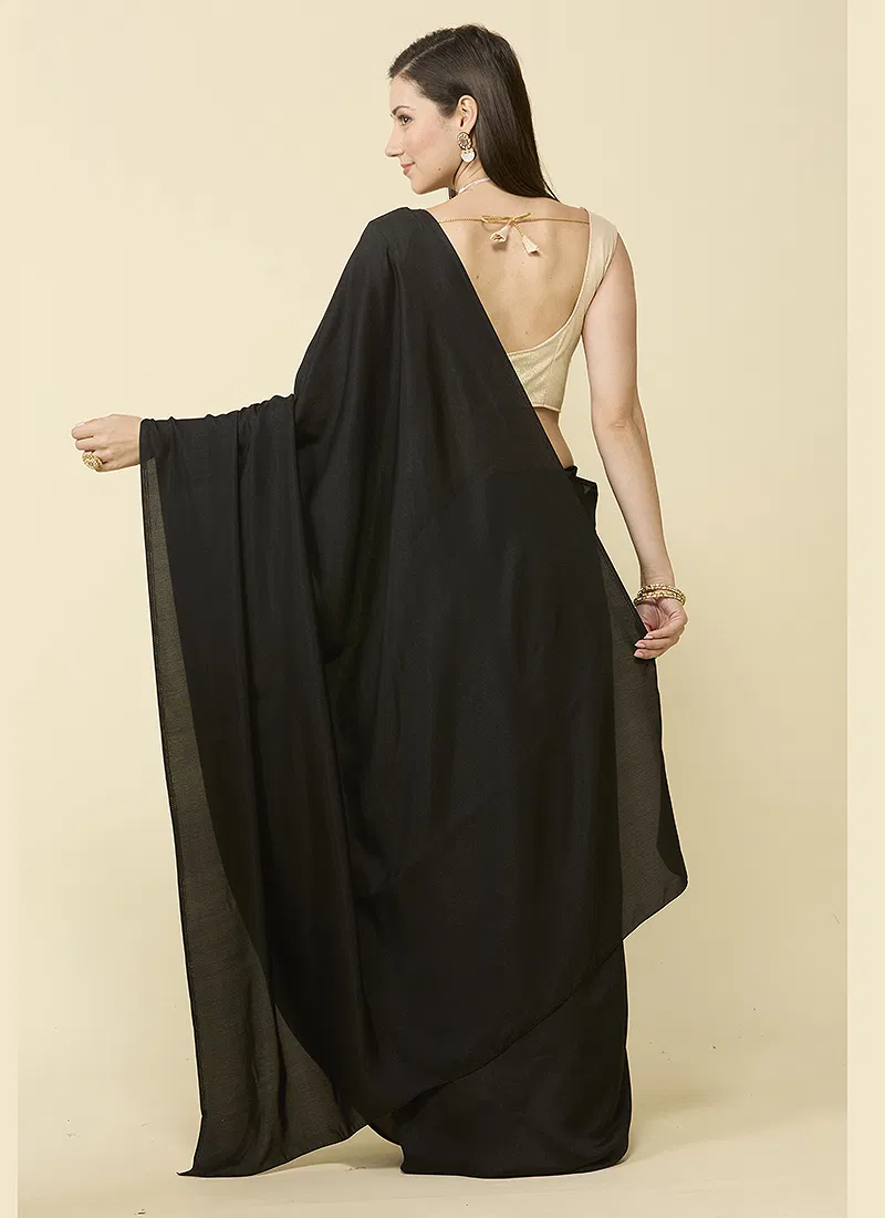 Black satin silk saree and unstitched blouse piece