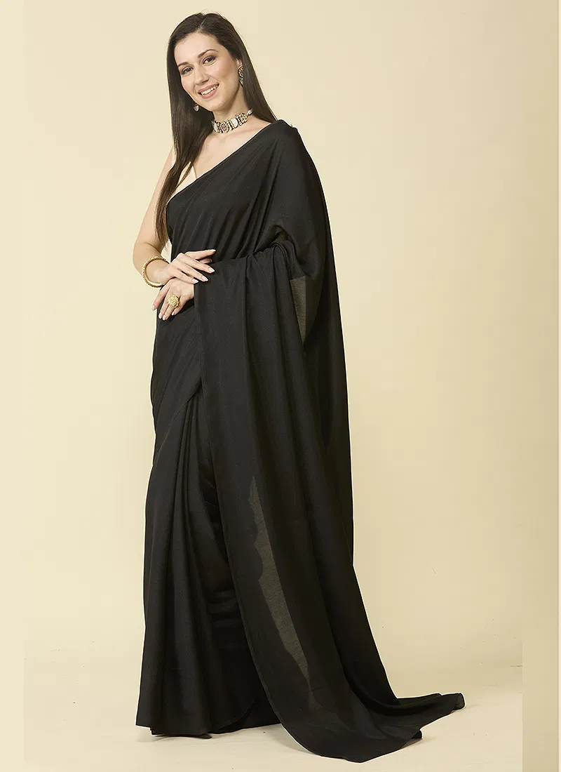 Black satin silk saree and unstitched blouse piece