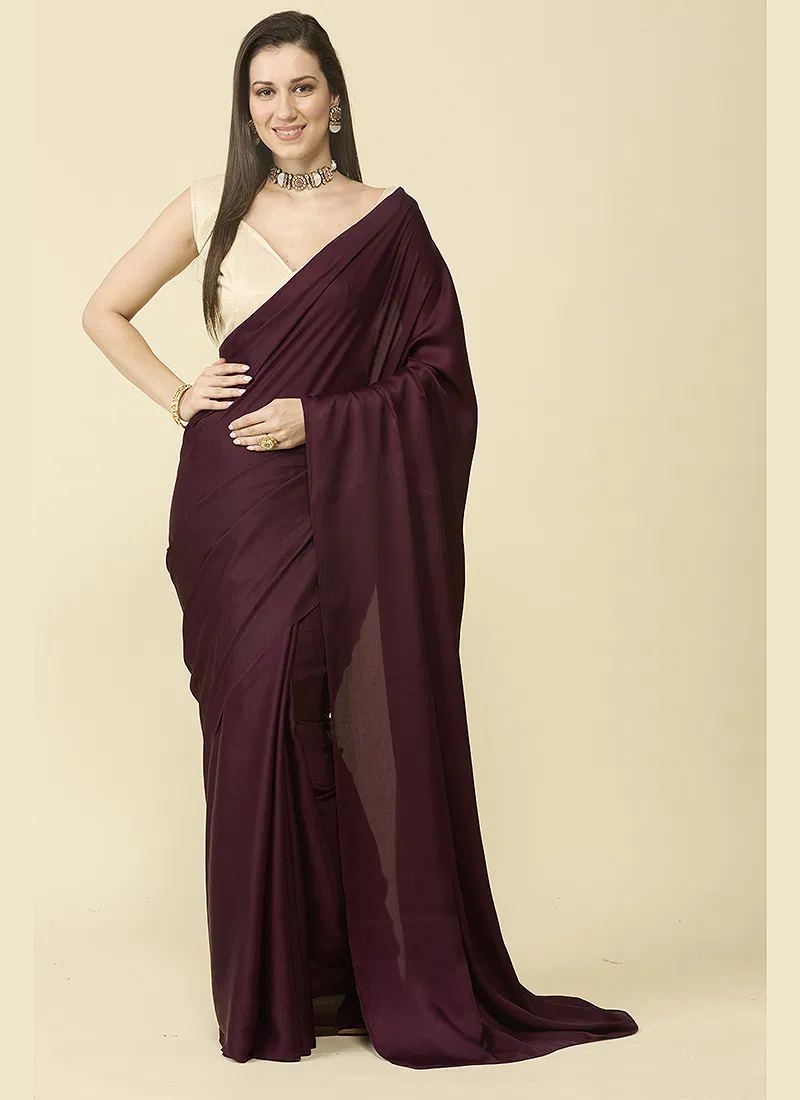 Wine Maroon satin silk saree and unstitched blouse piece