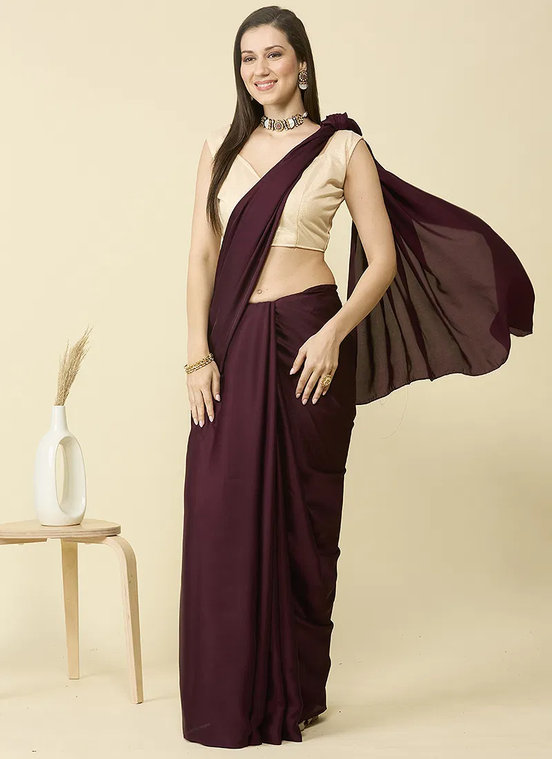 Wine Maroon satin silk saree and unstitched blouse piece