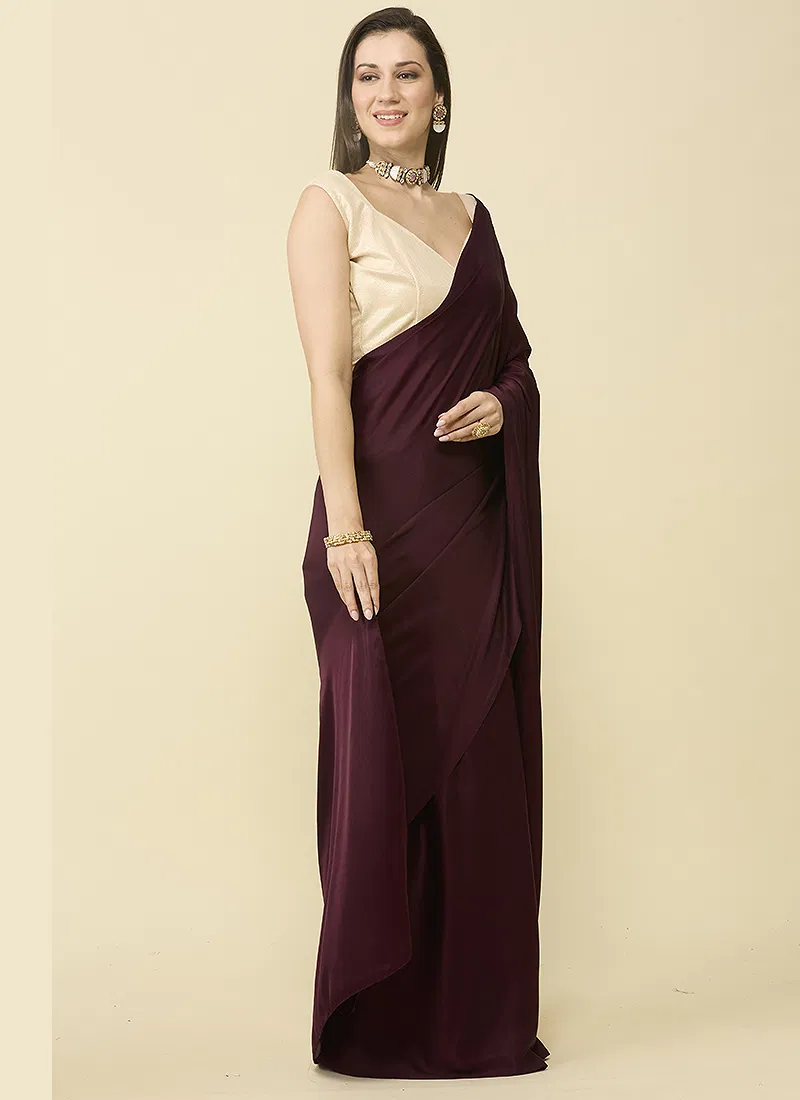 Wine Maroon satin silk saree and unstitched blouse piece