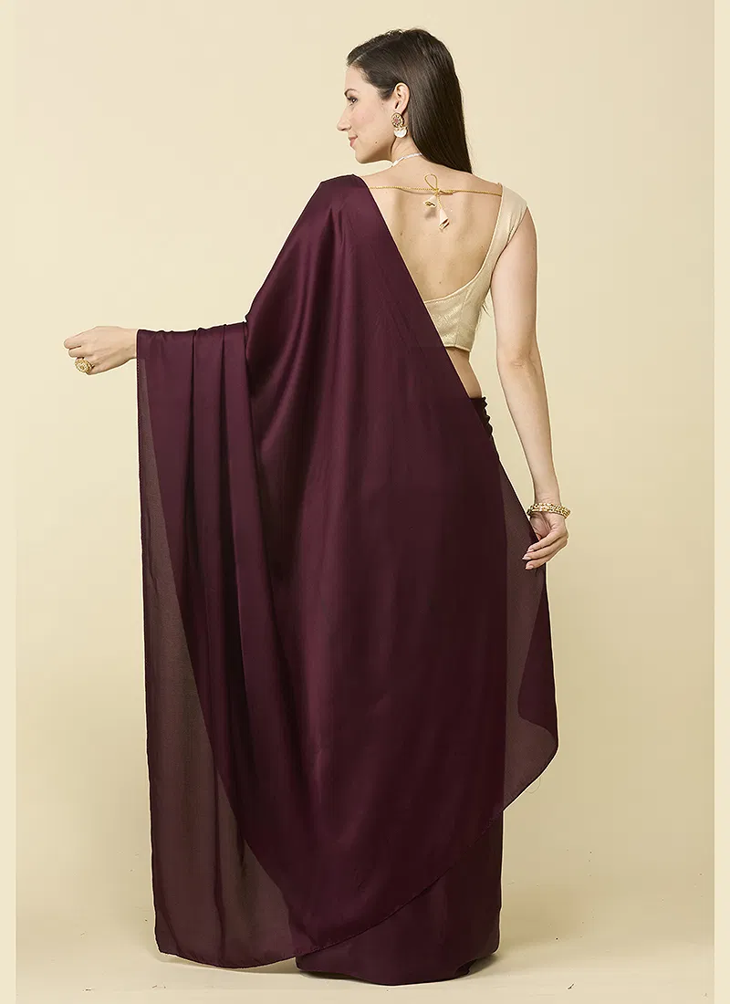 Wine Maroon satin silk saree and unstitched blouse piece