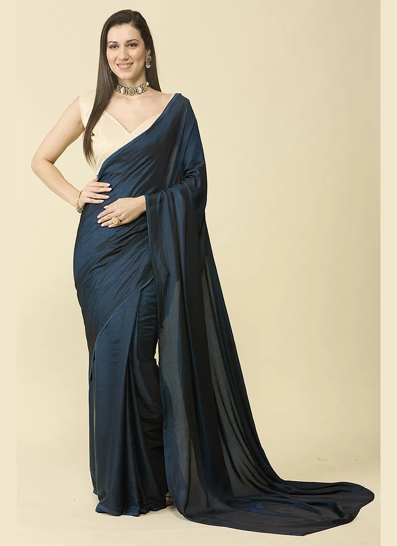 Deep Blue satin silk saree and unstitched blouse piece