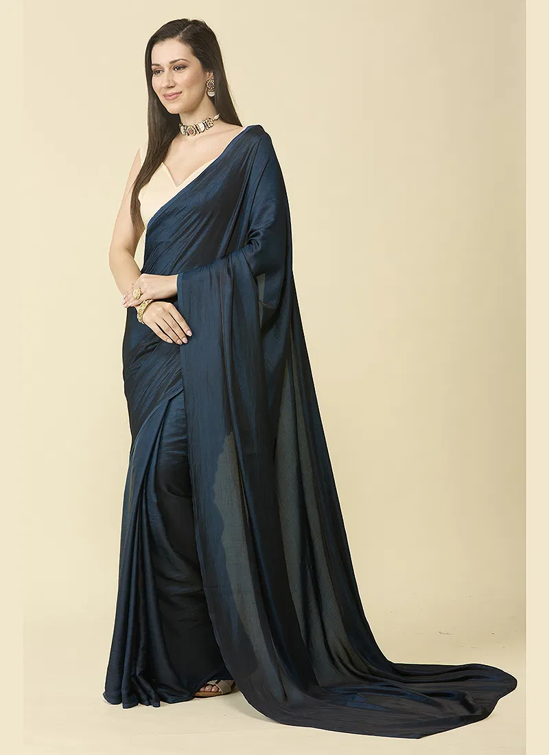 Deep Blue satin silk saree and unstitched blouse piece