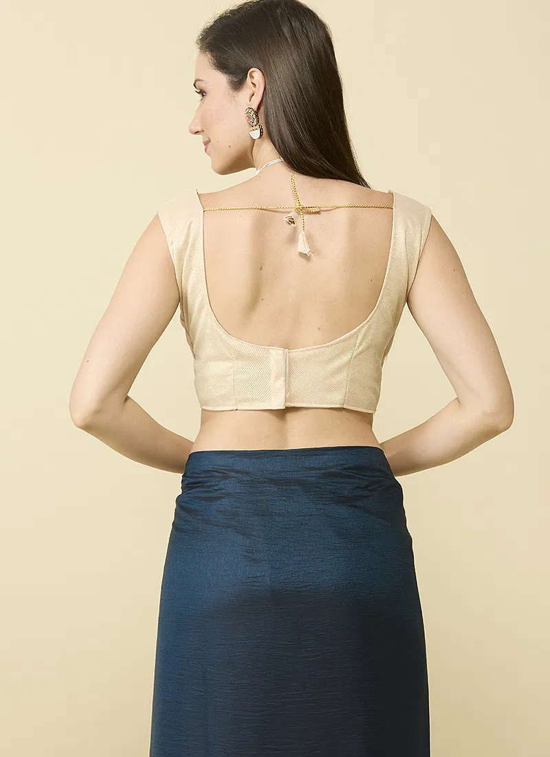 Deep Blue satin silk saree and unstitched blouse piece