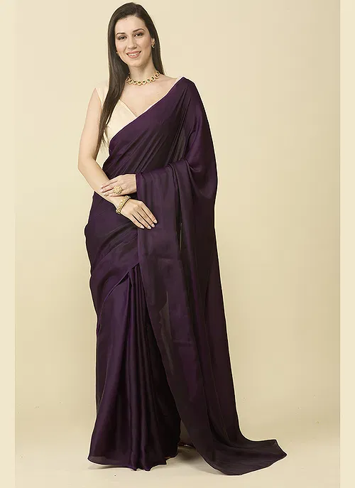 Wine satin silk saree and unstitched blouse piece