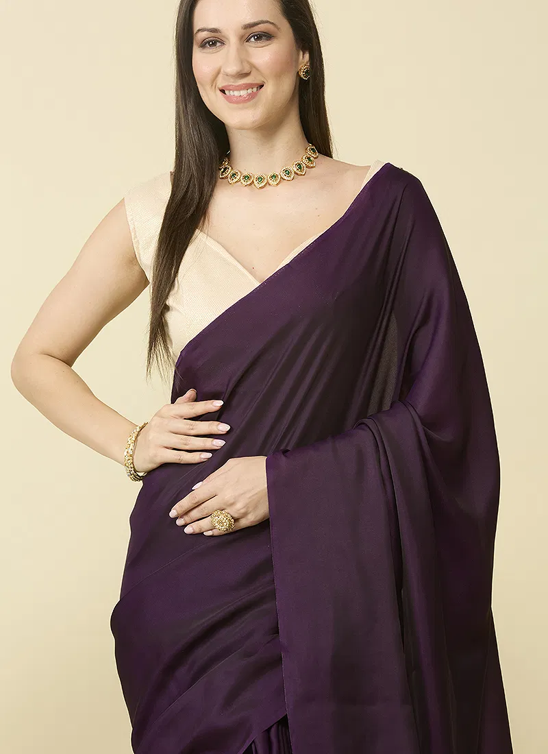 Wine satin silk saree and unstitched blouse piece