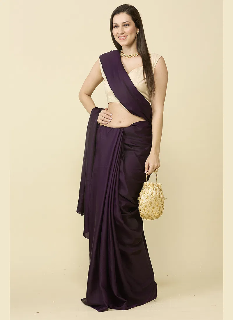 Wine satin silk saree and unstitched blouse piece