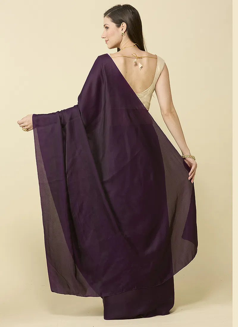 Wine satin silk saree and unstitched blouse piece