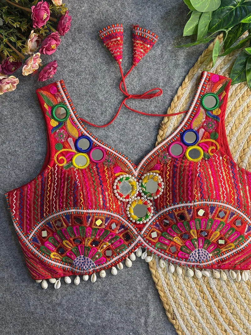Red Traditional Mirror Work Designer Blouse