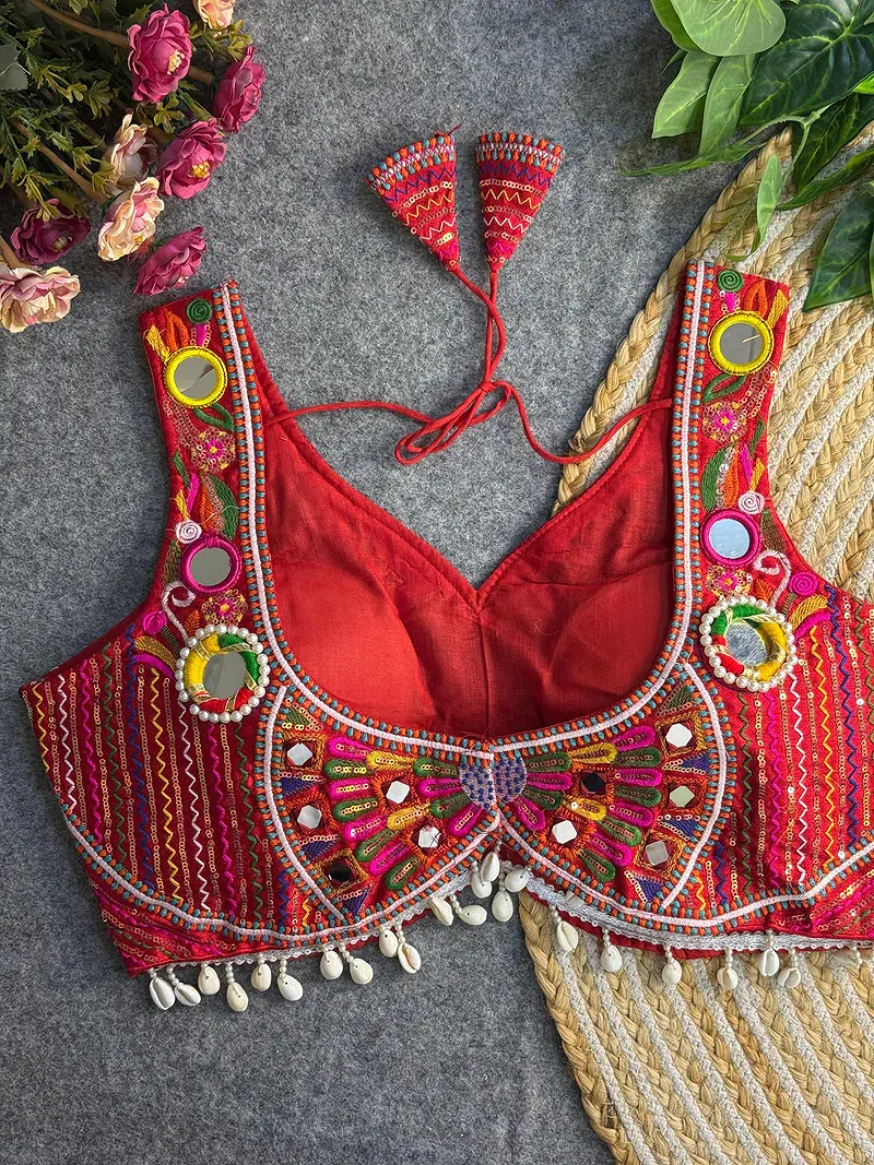 Red Traditional Mirror Work Designer Blouse