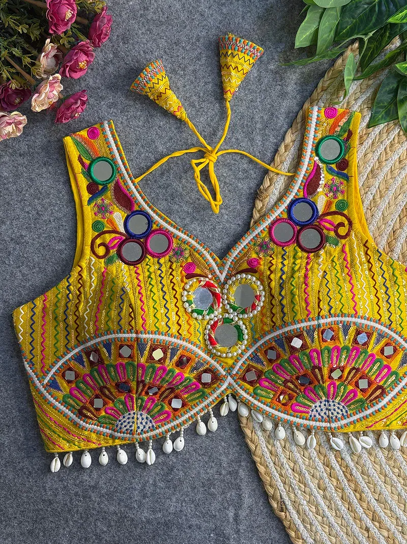 Yellow Traditional Mirror Work Designer Blouse