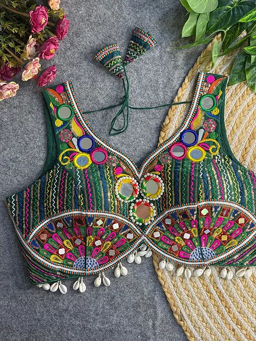 Bottle Green Traditional Mirror Work Designer Blouse