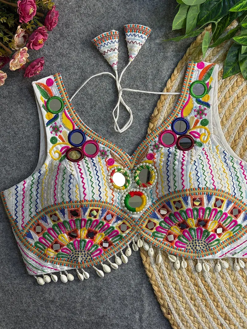 White Traditional Mirror Work Designer Blouse