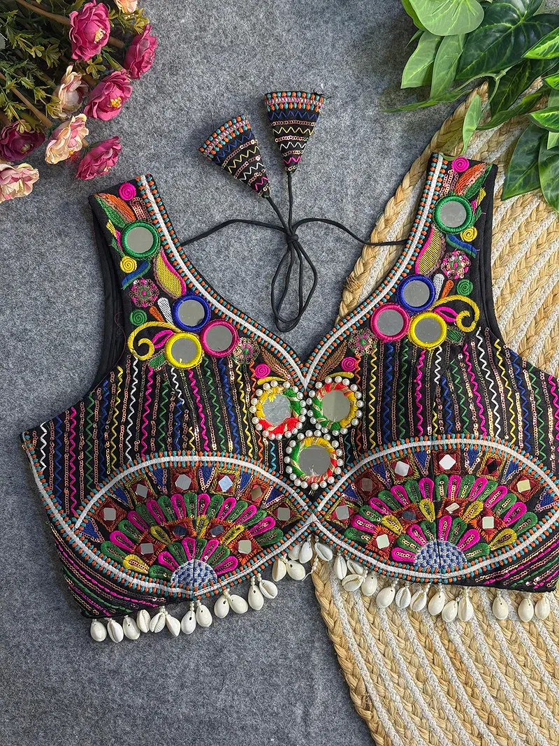 Black Traditional Mirror Work Designer Blouse