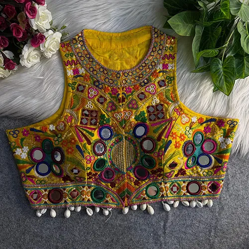 Yellow Sleeveless Navratri Mirror Work Front-Open Halter Blouse
