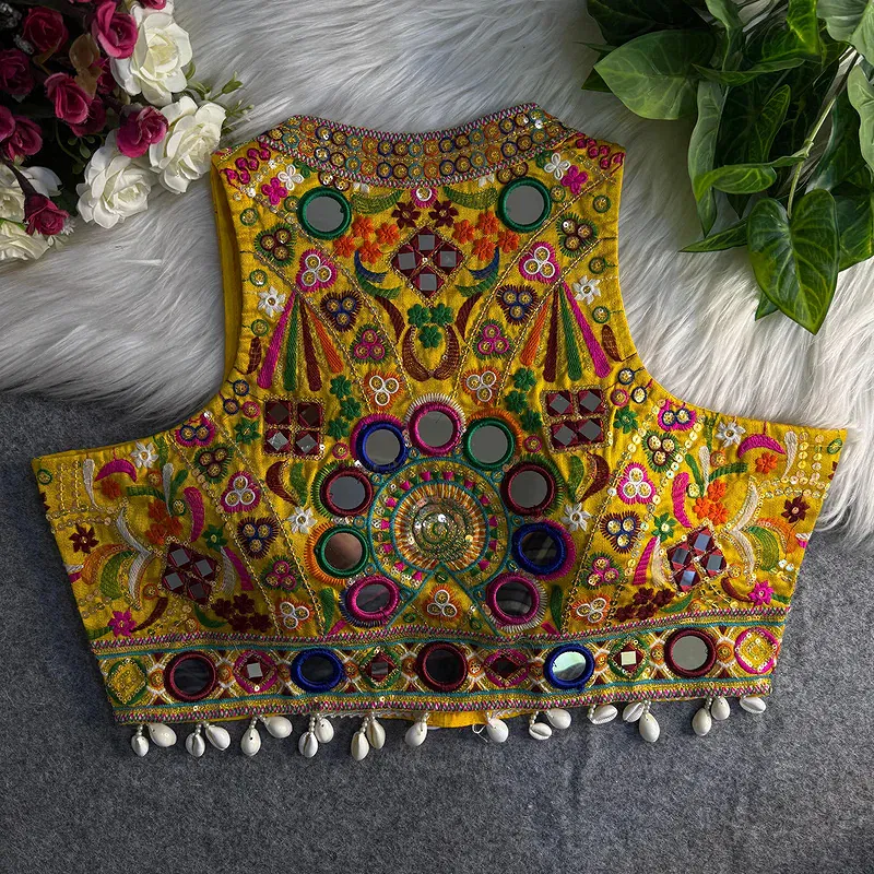 Yellow Sleeveless Navratri Mirror Work Front-Open Halter Blouse