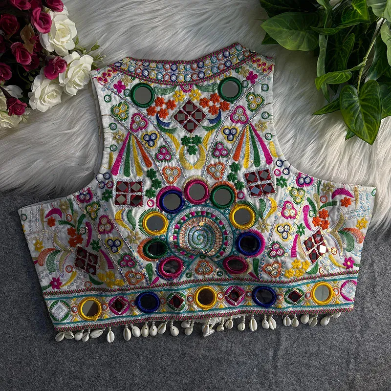 White Sleeveless Navratri Mirror Work Front-Open Halter Blouse