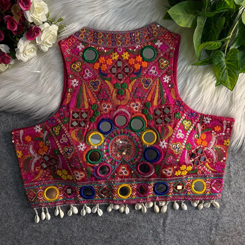 Rani Sleeveless Navratri Mirror Work Front-Open Halter Blouse