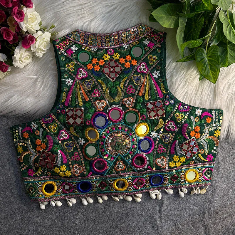 Bottle Green Sleeveless Navratri Mirror Work Front-Open Halter Blouse