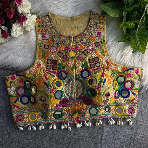 Gold Sleeveless Navratri Mirror Work Front-Open Halter Blouse