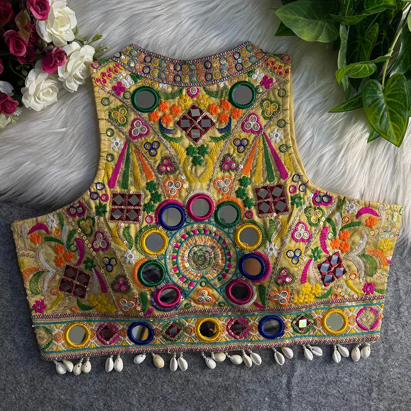 Gold Sleeveless Navratri Mirror Work Front-Open Halter Blouse