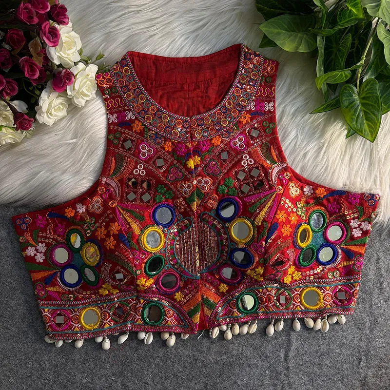 Red Sleeveless Navratri Mirror Work Front-Open Blouse