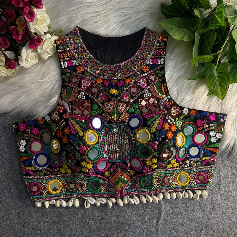 Black Sleeveless Navratri Mirror Work Front-Open Halter Halter Blouse