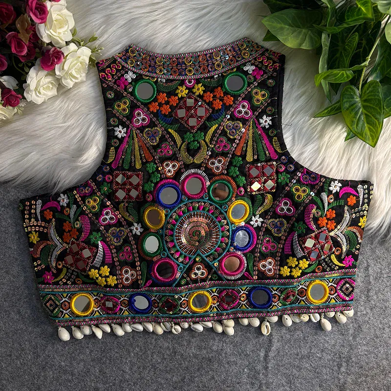 Black Sleeveless Navratri Mirror Work Front-Open Halter Halter Blouse