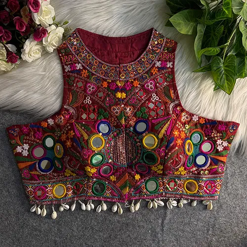 Maroon Sleeveless Navratri Mirror Work Front-Open Halter Blouse