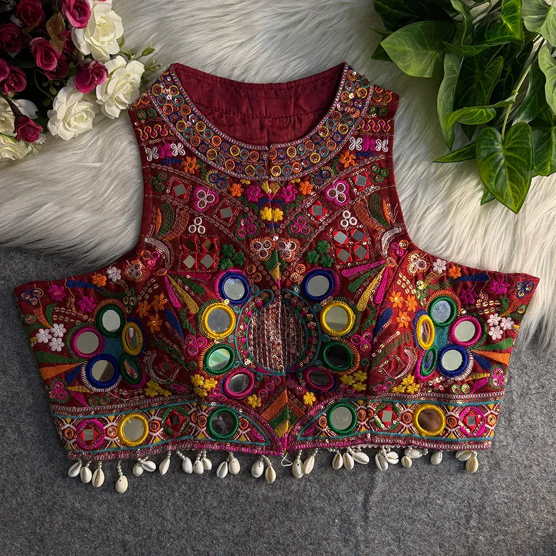 Maroon Sleeveless Navratri Mirror Work Front-Open Halter Blouse