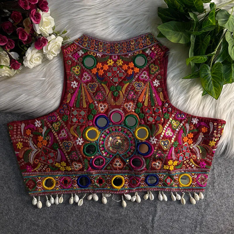 Maroon Sleeveless Navratri Mirror Work Front-Open Halter Blouse