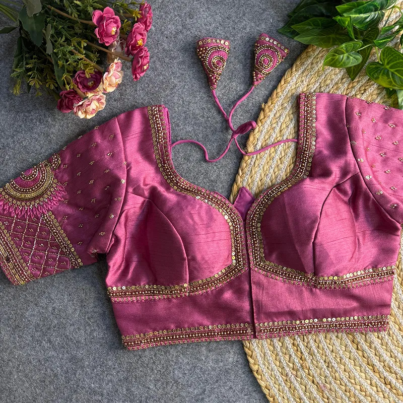 Pink Color Italian Silk Blouse with Heavy Beads and Sequence Work 