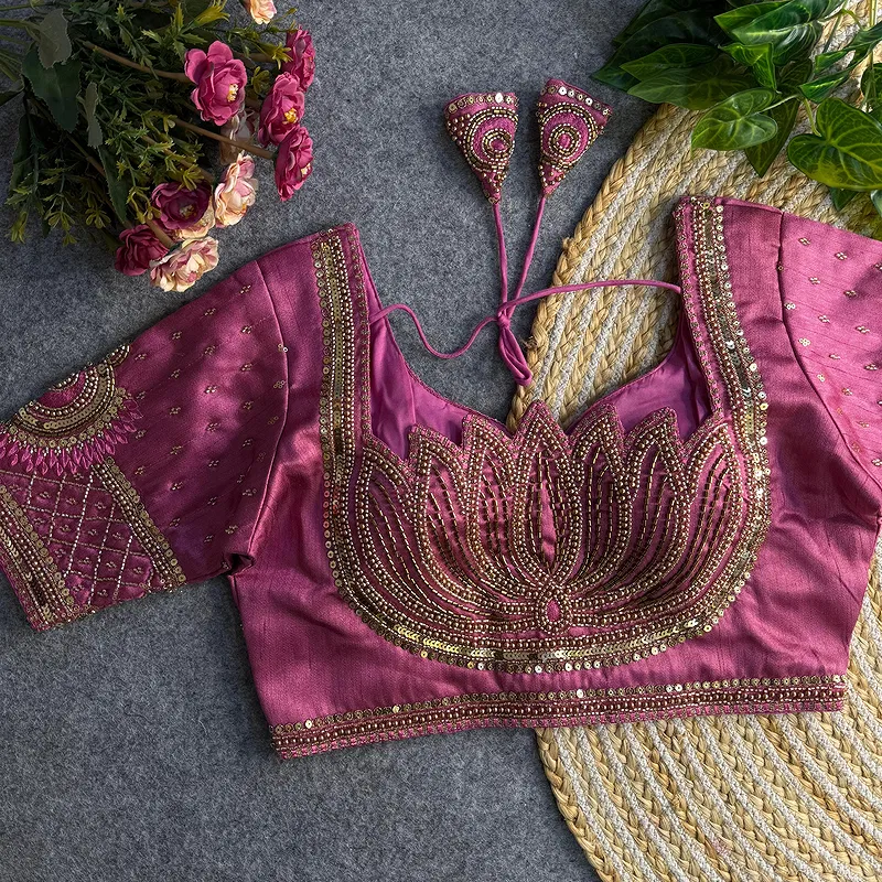 Pink Color Italian Silk Blouse with Heavy Beads and Sequence Work 