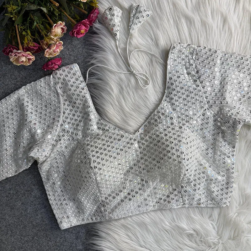 White Georgette Sequence Work Blouse for Navratri