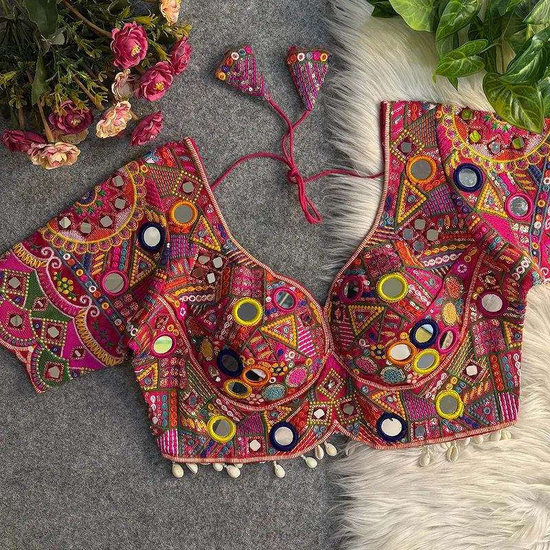 Rani Color Silk Heavy Multi-Thread Mirror Work Navratri Blouse