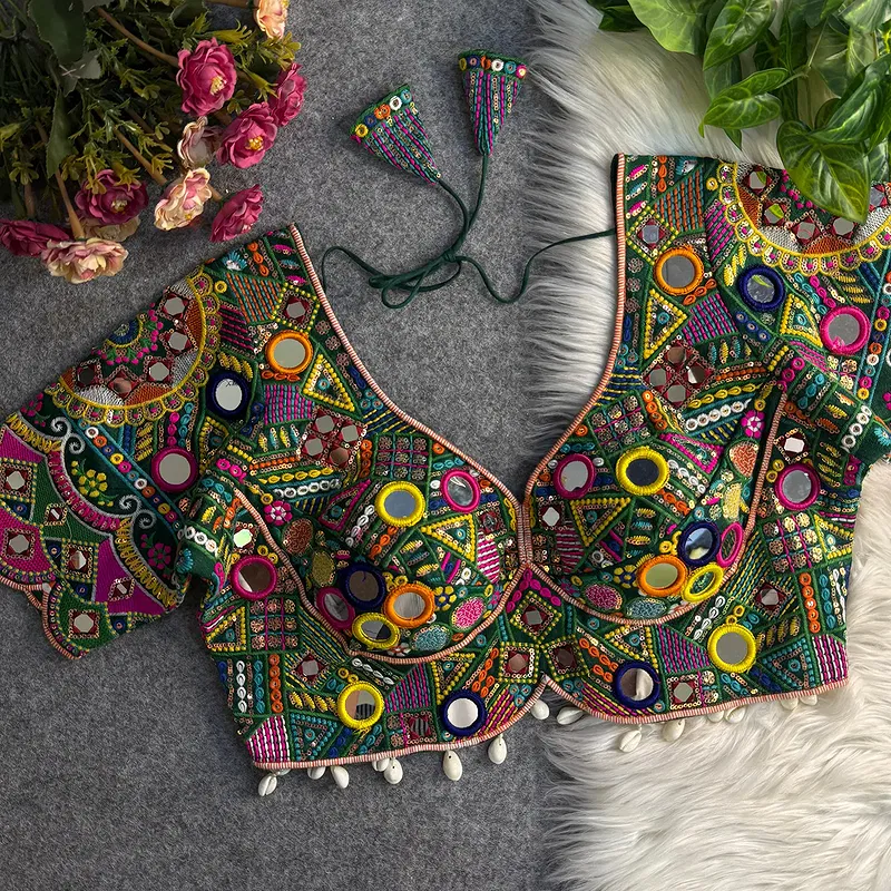 Bottle Green Color Silk Heavy Multi-Thread Mirror Work Navratri Blouse