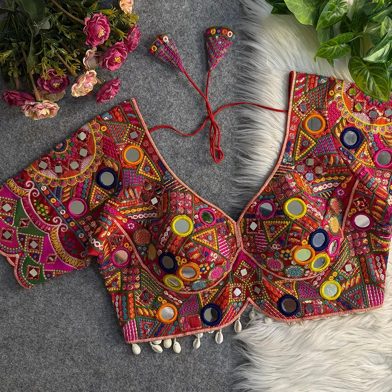 Red Color Silk Heavy Multi-Thread Mirror Work Navratri Blouse