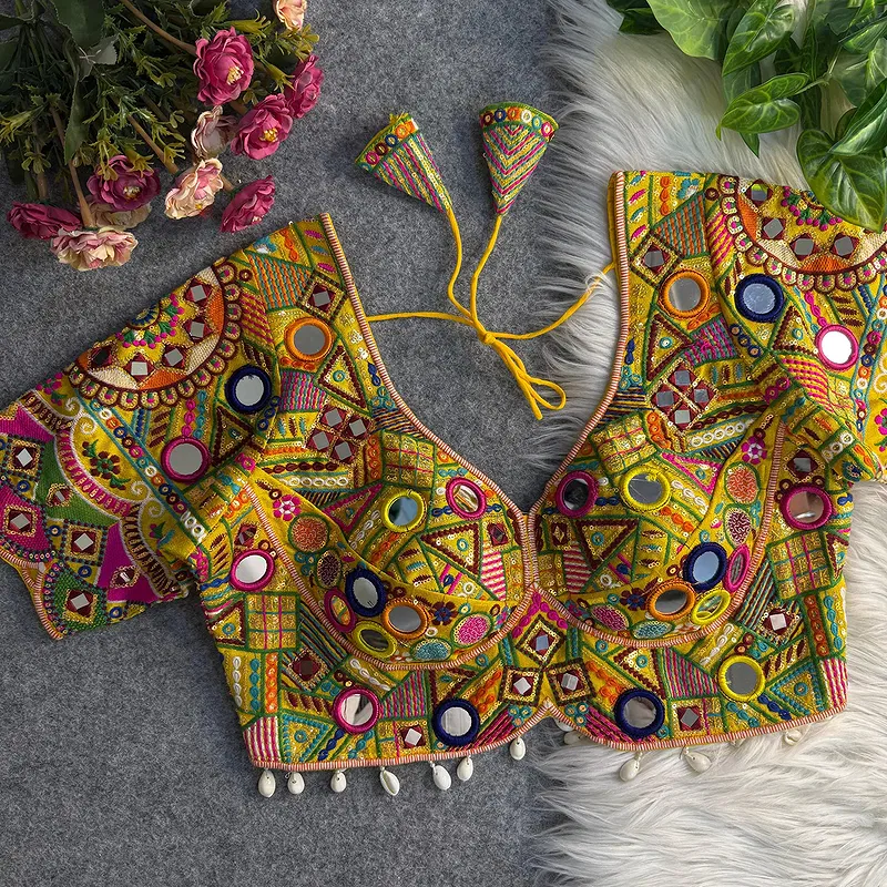 Yellow Color Silk Heavy Multi-Thread Mirror Work Navratri Blouse