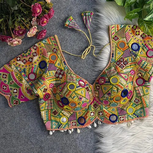 Gold Color Silk Heavy Multi-Thread Mirror Work Navratri Blouse