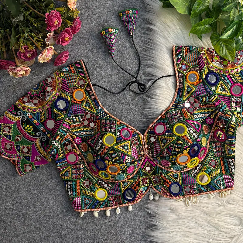 Black Color Silk Heavy Multi-Thread Mirror Work Navratri Blouse