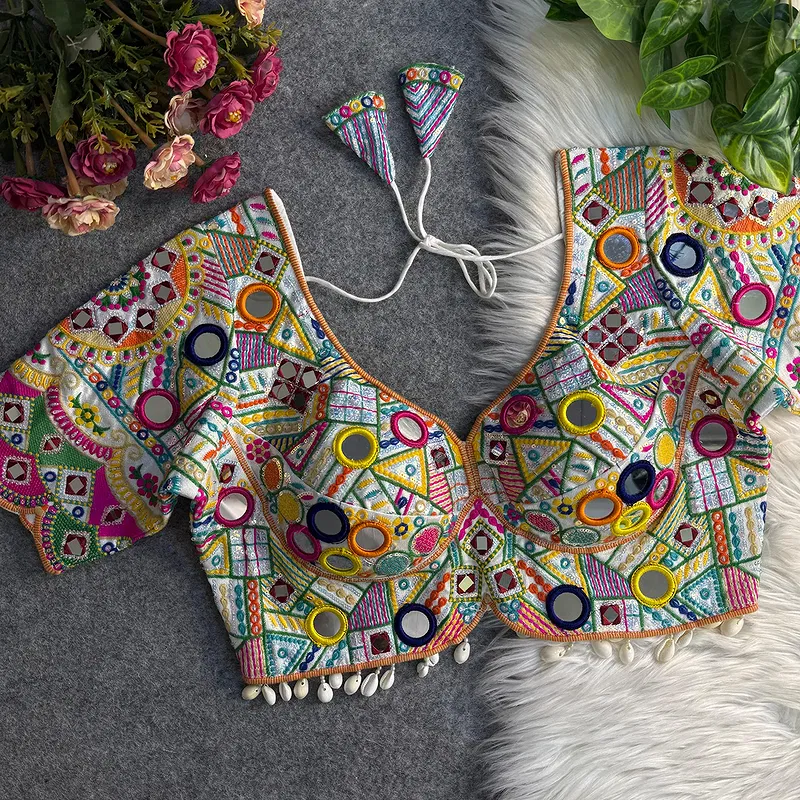 White Color Silk Heavy Multi-Thread Mirror Work Navratri Blouse