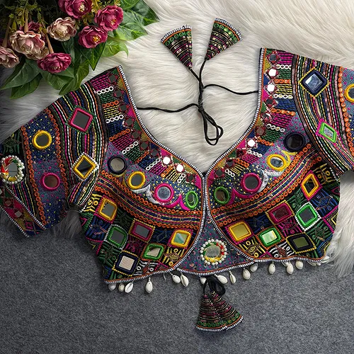 Black Color Navratri Special Real Mirror Work Apple Cut Blouse