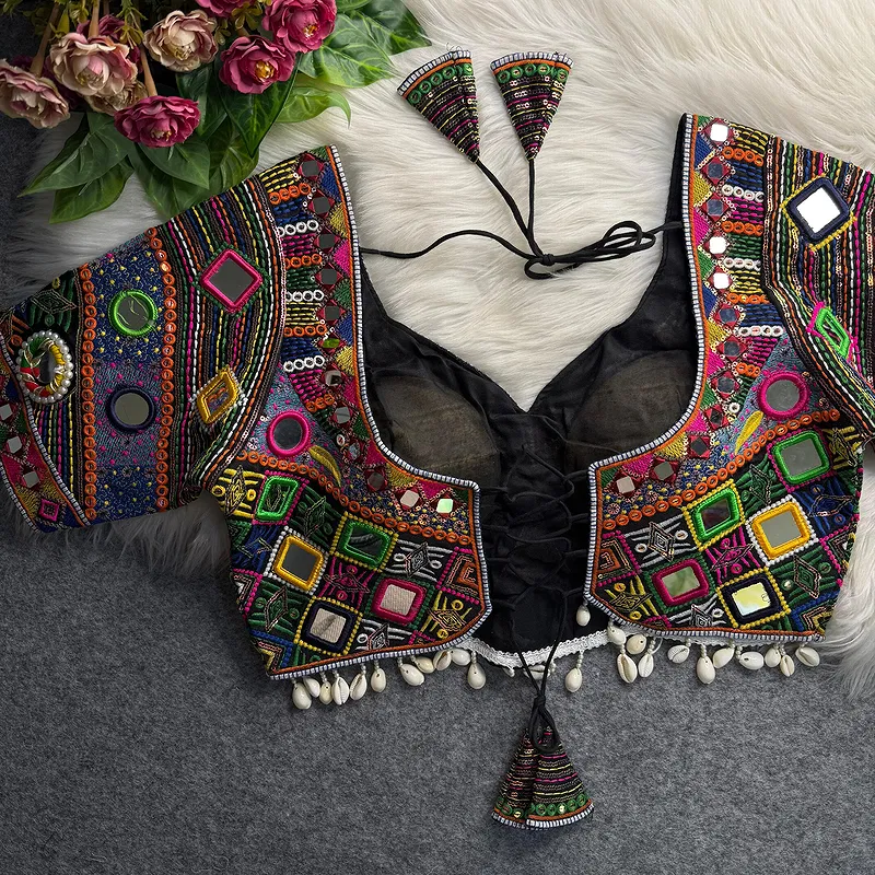 Black Color Navratri Special Real Mirror Work Apple Cut Blouse